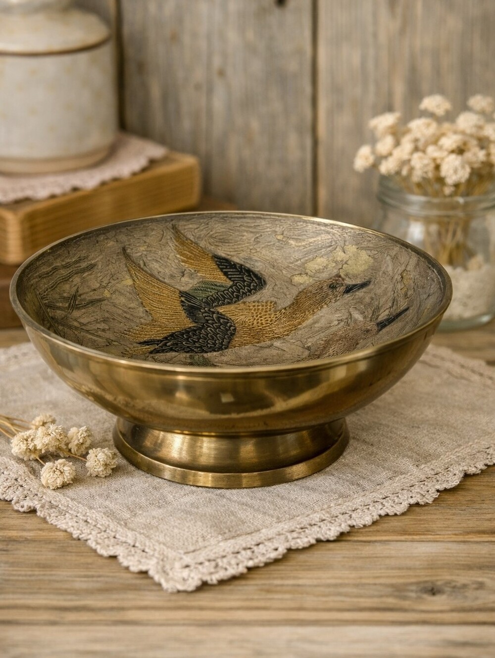 Vintage Brass Pedestal Bowl with Hand‑Painted Birds